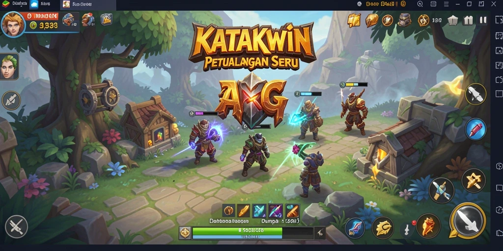 Screenshot gameplay KATAKWIN menampilkan pertarungan seru di dunia yang penuh warna.