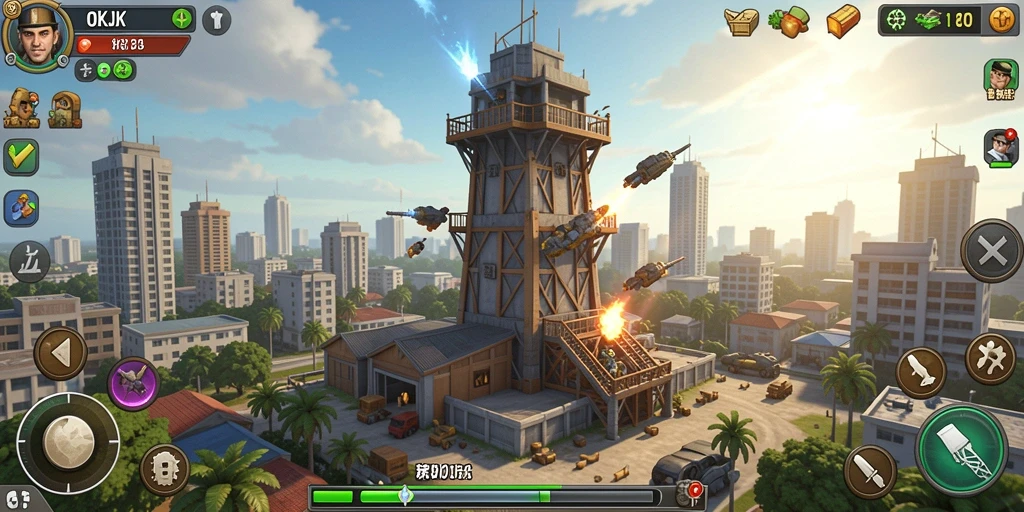 Screenshot gameplay OKJK menampilkan pertahanan menara yang strategis.