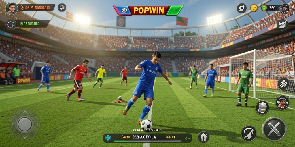 Tampilan gameplay POPWIN dengan aksi seru di lapangan sepak bola.